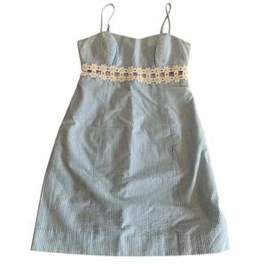 Lilly Pulitzer Sheena Dress 00 Blue Seersucker Daisy Lace Cutout Spring Mini
